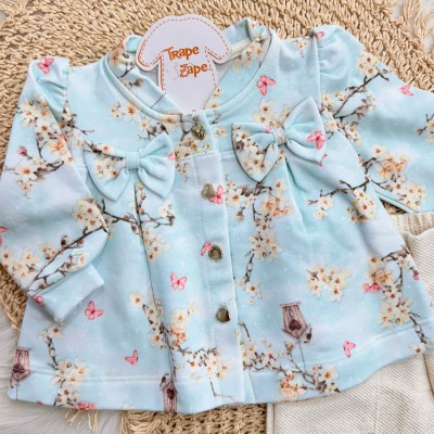 Conj. Casaco Florzinhas com Casinhas de Passarinhos  e Calça de Linho - Azul